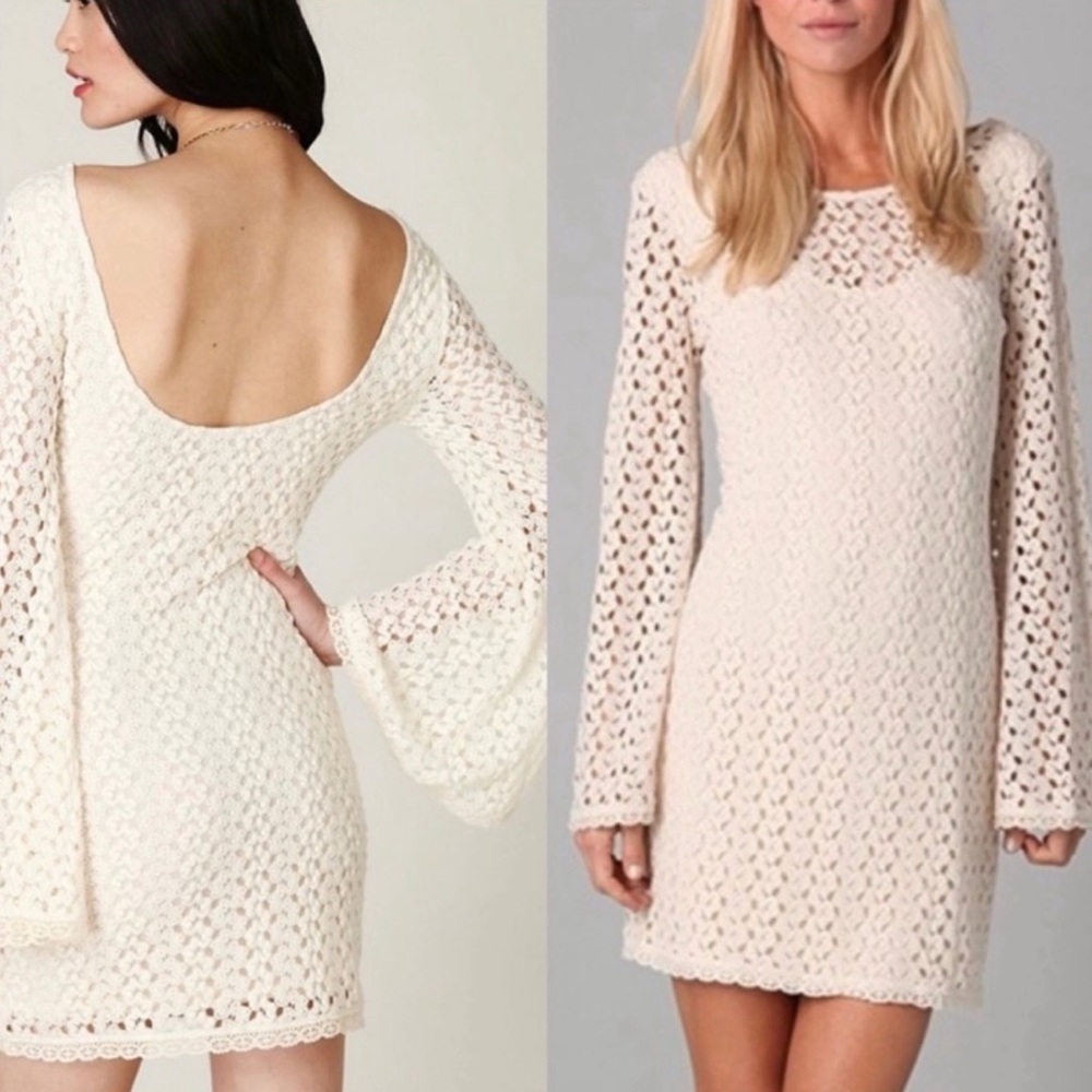 Free People Cream Crochet Backless Long-Sleeve Mini Dress